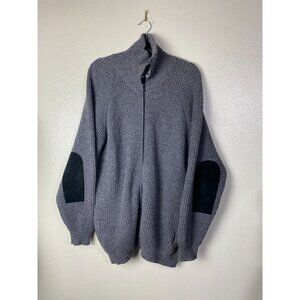 Brenire Mens Merino Wool Gray Full Zip Knit Sweater Black Elbow Patches Size XL
